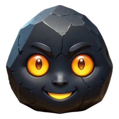 Single black obsidian rock character, thick and heavy with sharp facets and subtle reflections, carved cute face with glowing round eyes and a small smile, 3D render, high detail, soft backlighting, isolated on a plain dark background. sticker