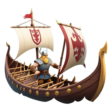 clash-of-clans-aesthetic_-cinematic-viking-longboat, rendered in a flat, bold vector style with minimal shading, featuring a striking dragon-headed prow slicing through waters. shields on the side and vikings rowing The longboat’s, the boat has carved motifs evoke a sense of epic adventure and Nordic might, with billowing sails catching a dramatic, stormy sky backdrop. sticker