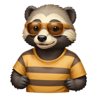 friendly anthropomorphised honey badger, close crop showing head, neck, and top of t-shirt with a striped design, wearing sunglasses sticker
