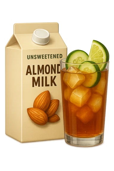 emoji stile iphone di un pacco di latte di mandorla non addizionato accanto ad un bicchiere di vetro di tè freddo con fettine di cetriolo e lime
IPERREALISTICO 4K sticker