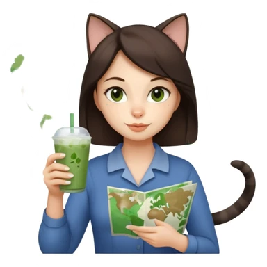 a brunette woman in here 30S drinking an iced matcha, carrying a grey cat and a map of the world sticker