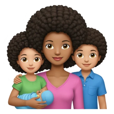 Polaroid photo with a dark woman with an afro hairstyle and a green blouse, two children: a boy with straight hair and a blue shirt, and a baby girl in a pink shirt. All are smiling. sticker