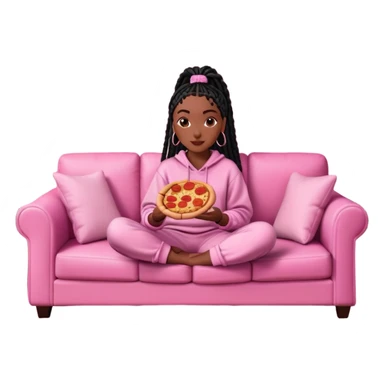 A dark-brown-skinned Black woman with black box braids, sitting on a pink couch, holding an open pizza box.She’s wearing comfy loungewear, looking relaxed and enjoying her food. sticker
