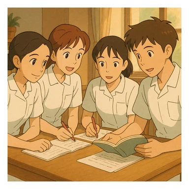 Groupe de quatre étudiants infirmiers, style Ghibli, en train de collaborer à l'intérieur, tenues blanches à manches courtes, tuniques col en V, poche poitrine à gauche, pas de pied de col, pas de stéthoscopes, avant-bras nus, cheveux longs attachés pour celles qui en ont. Inspirés des photos jointes. sticker