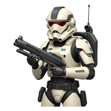 A joking DARK Trooper from Star Citizen, a skifi space Game. With a futuristic gun sticking to His back sticker