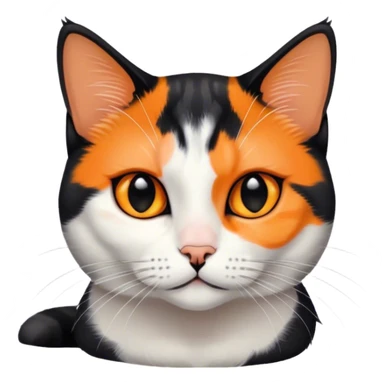 American shorthair calico cat with black fur on the right side of their face and orange on the left side sitting down sticker