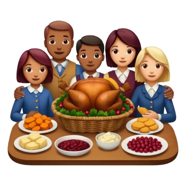 Thanksgiving Dinner with 10 people of different skin color around the table; have the food be a cooked turkey, mashed potatoes, corn, a basket of biscuits, a small bowl of cranberry sauce, baked yams, steamed vegetables, and a bottle of wine. sticker