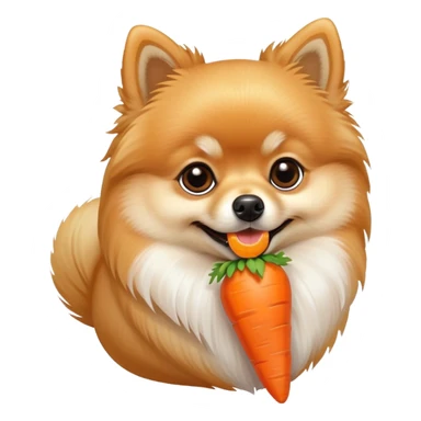 Pomeranian dog eating a carrot sticker