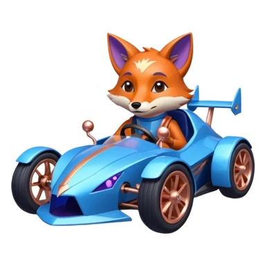 dark crystal blueberry and rosegold-accented cyber faceted-body electric racing car driven by a small cute but relaxed fox with rear spoiler, roll bar, and wheely bar sticker