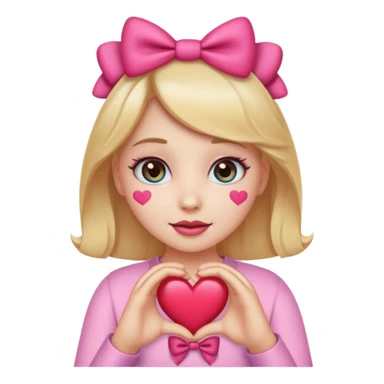 girly girl emoji, wearing a bow, sparkly eyes, making a heart with hands sticker