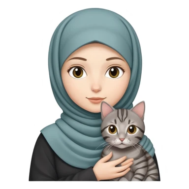 White girl wearing  hijab holding a black grey tabby cat sticker