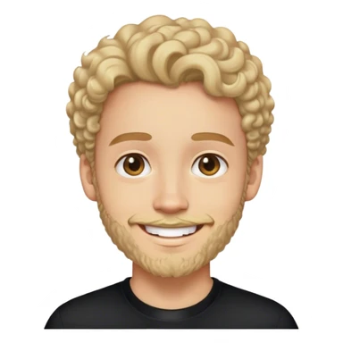 Person smiling, in black collar tshirt. Slight curls, very light beard of 2 days sticker
