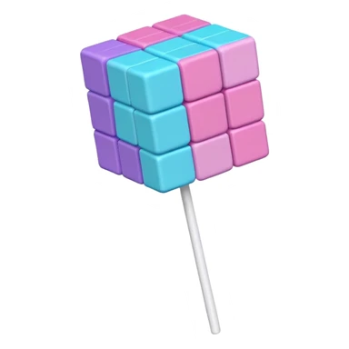 Pastel cube lollipop with stacked blocks in pink, purple, blue, and cyan. Textured, voxel-style, on a white stick. sticker