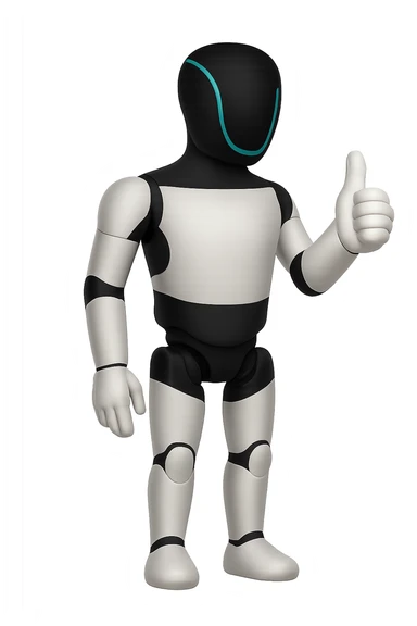 Create a fullbody Tesla robot emoji with the exact head from the reference image in the style of Apple emojis. The robot should be giving a thumbs up. The style should replicate the apple emoji style with smooth, colorful, and detailed features. sticker