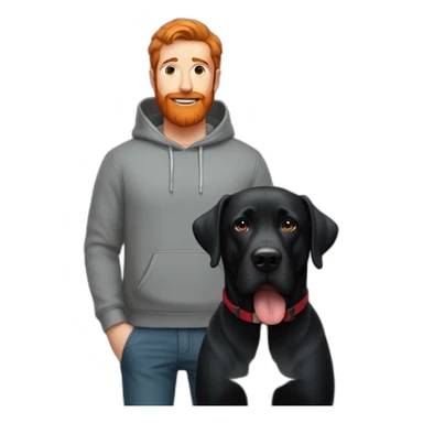 a man in a grey hoodie with a red beard, standing next to a black Labrador sticker