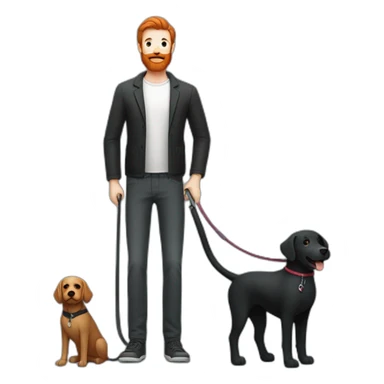a slender man in a  sporting a red beard and wear casual outfit, standing next to a black Labrador dog, holding it on a leash sticker