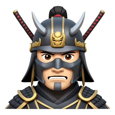 clash-of-clans-aesthetic_-cinematic-fearsome-and-majestic-samurai-bust-portrait-emoji, rendered in a flat, vector-style with minimal shading and bold, simplified shapes typical of emoji art, depicting a battle-hardened samurai with black mask and traditional black Japanese armor. The samurai is riding a noble grey warhorse adorned with an intricately designed saddle and fluttering banners and a rising sun. a samurai on a   horse sticker