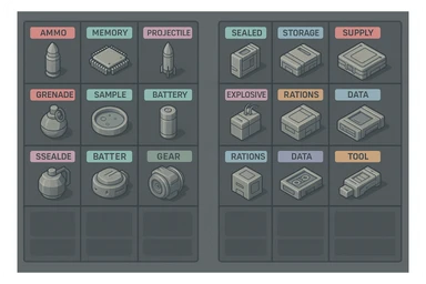 a virtual display, a gray grid with darker gray cells, each cell containing an item viewed in isometric minimalism render The cells have pastel neon colored labels in their upper corner, indicating various traits of the items. retrofuturism, circa 2880's.
The items are scientific and military in nature - varieties of munitions, scientific samples, rations, data storage, utilities. There are two arrays of grids, one left, one right. Each array has a few empty spaces at the bottom sticker