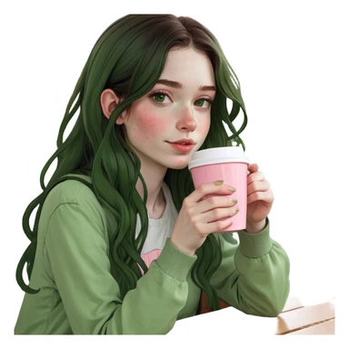 Girl with long dark slightly wavy hair and pale skin with freckles wearing cottage core outfit with pinks and whites drinking a coffee sticker