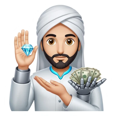A persian trader diamond 💎 in hand . A bot hand 🤖 . With money 💵 do magic 🔮 sticker