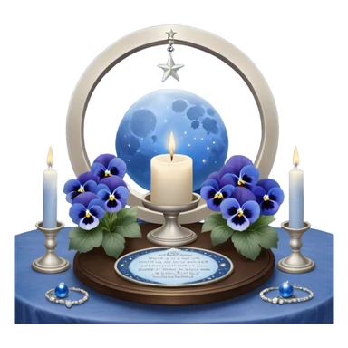 An enchanting night scene where deep blue and light blue pansies gently sway under the soft light of a silver crescent moon. A round, pearl-colored candle sits at the center of a sacred astrological altar, surrounded by silver-trimmed star charts and delicate planetary symbols glowing faintly in the twilight. Nearby, a beautifully crafted crystal sphere rests atop an ancient book of celestial wisdom, reflecting the constellations above. The sky is alive with swirling nebulae and zodiac glyphs, forming intricate cosmic patterns. A faint silver doorway, outlined by threads of lunar energy, shimmers in the background, hinting at hidden knowledge beyond the stars. sticker