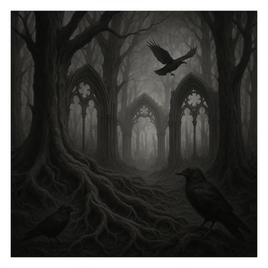 gothic woods with overgrown roots, ravens, gothic arches sticker