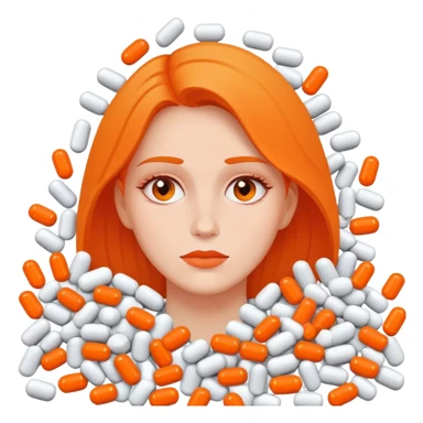 A lady buried in a huge pile of pills, the pills are all half white and half orange sticker