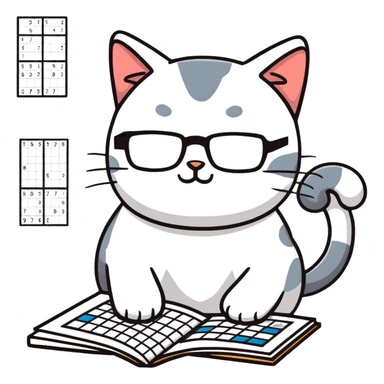 cat wearing reading glasses playing sudoku sticker
