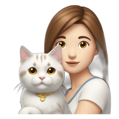 A girl with brown straight hair and on her left shoulder and neck lies a white fluffy cat with eyes of different colors sticker