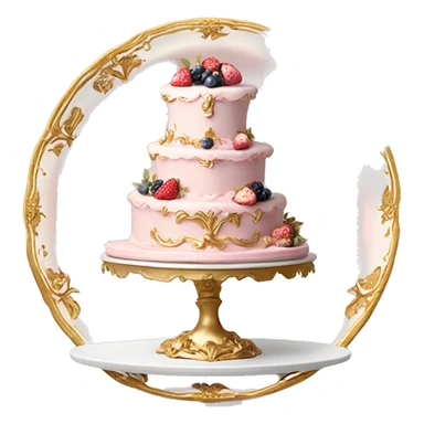 aesthetic vintage rococo cake with white icing, pale pink icing, berries on a gold and white ceramic plate stand  sticker