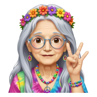 Elderly woman with long gray hair, peace sign necklace, colorful tie-dye clothing, round glasses, flower crown, hippie grandma sticker