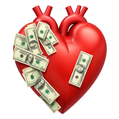 "Realistic HD red heart fused with money, cash integrated into the heart, glossy texture, clean white background." sticker