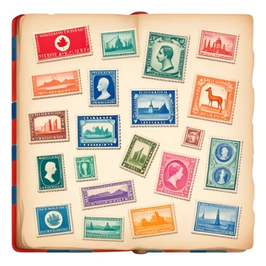 Icon for Stamp Collecting: a collection of vintage and colorful stamps arranged in an album or on a desk, with a large stamp block in the center showcasing different countries and themes. The icon should reflect the charm and history of philately. Transparent background. sticker