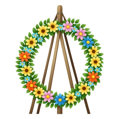 midsommarstång (Swedish maypole) decorated with green leaves and colorful flowers, standing upright with two floral wreaths hanging from the crossbar, festive and cheerful, clean modern illustration style sticker