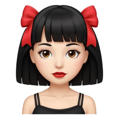 emoji feminino branca com cabelo longo, preto, liso e com franja. olhos castanhos. no rosto maquiagem com blush, cílios, delineador e batom vermelho. usando uma blusa preta com alças finas e um laço branco de cada lado sticker