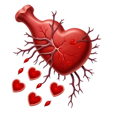 Ethereal red steaks, liver, and dark meat cuts floating alongside a glowing bone marrow. They transform into bright red blood cells that flow toward a heart at the center. The heart pulses with energy that radiates throughout a silhouette of a body, illustrating how heme iron creates vitality. sticker