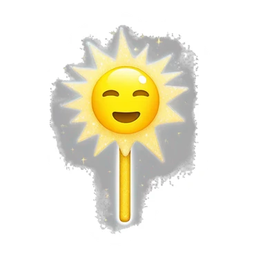 A k-pop inspired lightstick. It has a dome shape and white handle that's wide at the top and goes narrow to the bottom. The dome is transparent it is slightly glittery. Inside is a  cartoonish yellow sun the sun sits at the center and half of it is sunken sticker