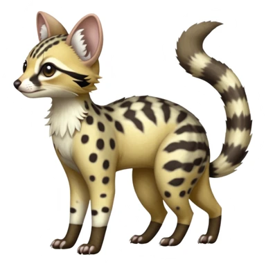 Cute elegant dotted spotted clouded hyper-realistic lifelike furry Civet-Genet-Possum-Serval-Caracal-Sergal-Trico-Numbat-Furret-fusion-Fakemon-hybrid-creature (full body) with long tufted ears and a striped tufted tail  sticker