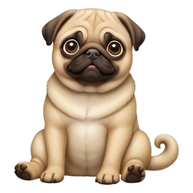 detailed-[pug]-realistic-full-body-sitting-emoji,-tail-resting-loosely-beside-its-paws,-head-tilted-dramatically, -sleek-fur,-simplified-yet-realistic-focused-features,-highly-detailed,-glowing-with-an-almost-sarcastic-glow sticker