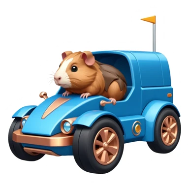 dark crystal blue and rosegold-accented cyber truck-faceted-body electric racing car driven by a small cute but fearless Guinea pig with rear spoiler, roll bar, and wheely bar sticker