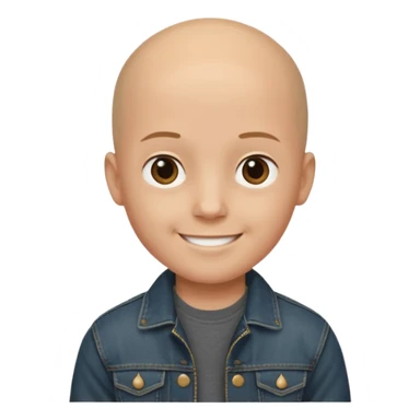  a young boy with bald head, black jeans jacket, plain forehead sticker