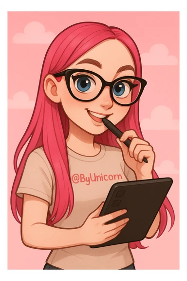 девушка с референса в рисованном милом стиле, у девушки розовые длинные прямые волосы, большие выразительные голубые глаза, черные очки для зрения формы кошачий глаз, нос чуть с горбинкой, девушка улыбается а в зубах прикусывает перо от графического планшета, которое она держит в руке, а в другой руке держит сам планшет 
одета девушка в светло-бежевую облегающую футболку с вышивкой розовым цветом @ByUnicorn, фон градиентный розовый, можно добавить пушистые облака sticker