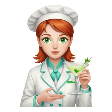 Redhead girl Chef with green eyes wearing a white coat with aqua trim drinking a martini sticker