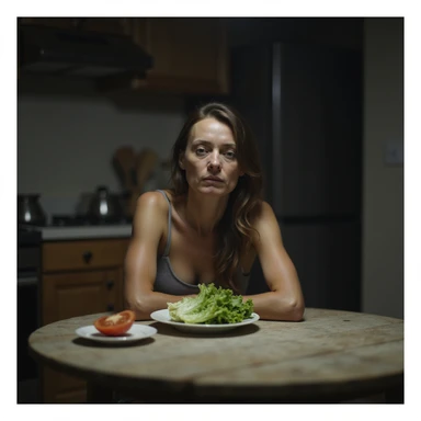 realistic style adult very thin woman sitting at kitchen table with only a lettuce leaf and a slice of tomato on a small plate in front of her, dull and sad expression, curved shoulders, cold lighting, atmosphere of deprivation sticker