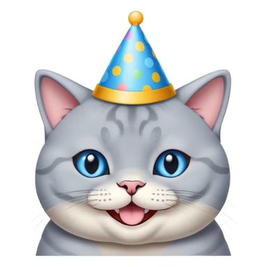 Happy British shorthair blue cat with a big smile wearing a colorful birthday hat sticker