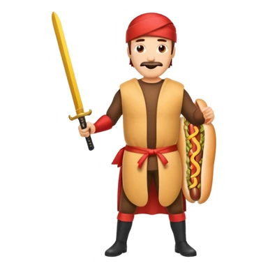 Middle aged attractive man wearing a hot dog costume wielding a katana sticker