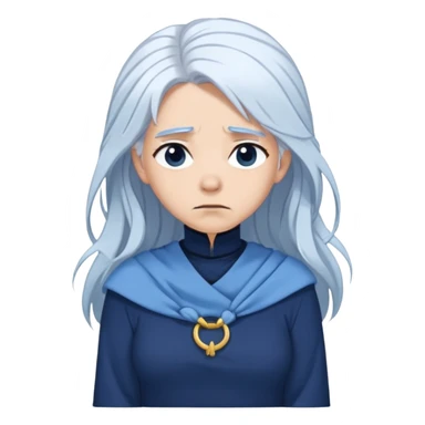 A woman with white hair. Sky-blue skin tone. And sad. Wearing a navy-blue tunic. And with her hair tangled around her chest. sticker