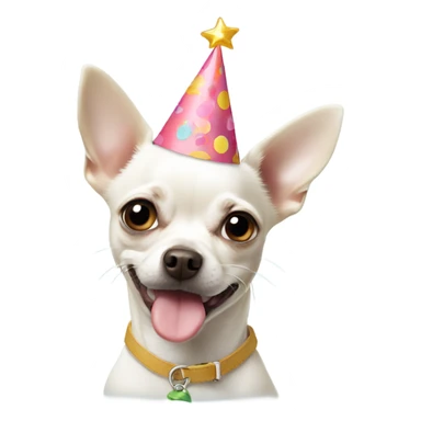 White chihuahua wearing a birthday hat sticker