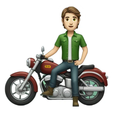white skin men with brunette hair and green eyes in a green motorbike sticker