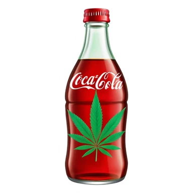Curved red glass bottle similar to Coca-Cola style with a green cannabis leaf printed on it and a label sticker